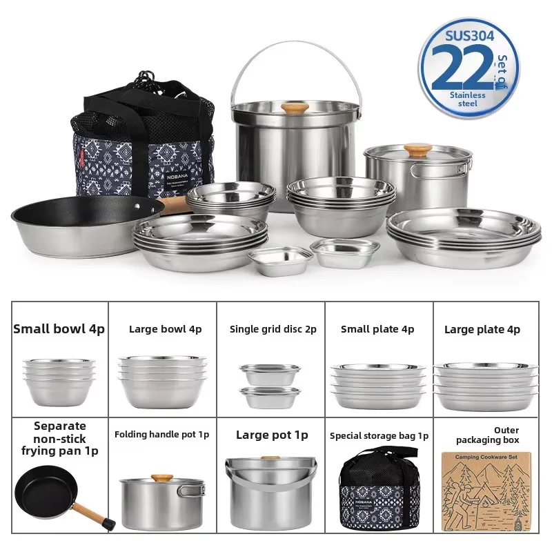 NOBANA Newest Outdoor Stainless Steel Pot Set Camping Family Pot Set 5L Portable Picnic Soup Pot Frying Steaming Household Pot