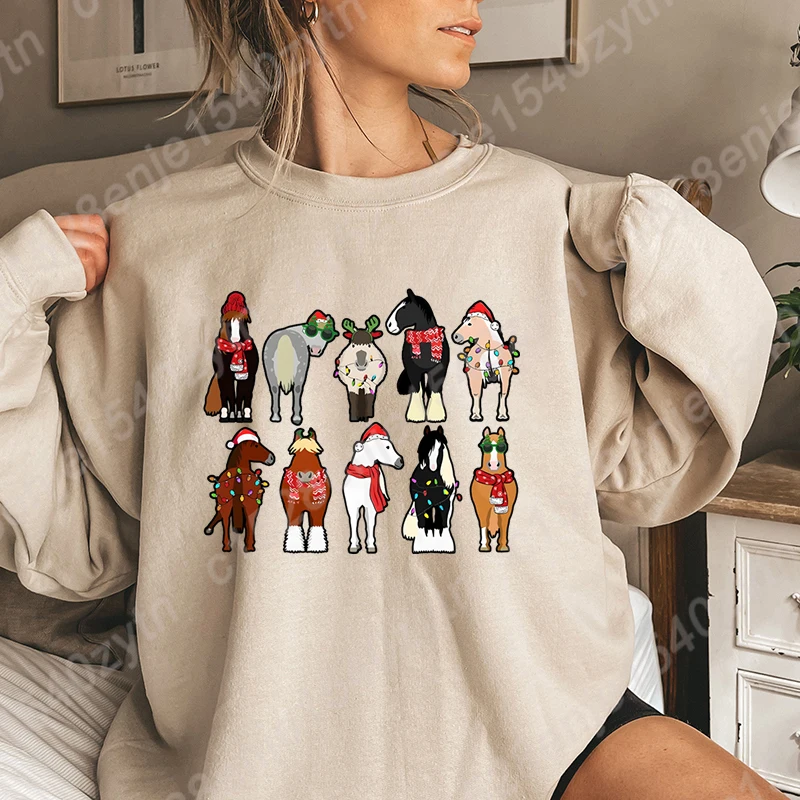 Horse Lover Animal Christmas Sweatshirts, Christmas Farm Animals Sweatshirt, Long Sleeve Crew Neck, Women Xmas Sweatshirts