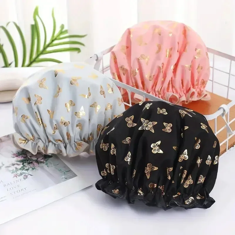 1 double layer bronzing printed waterproof shower cap bath and bath cap