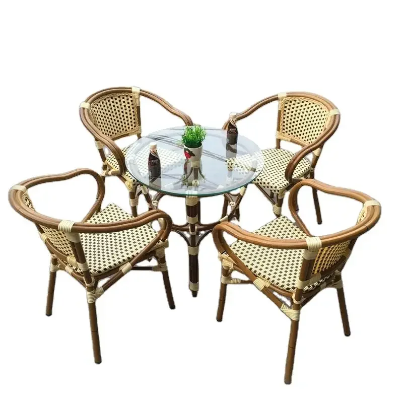 

Outdoor Vintage french style bamboo chair Bistro metal restaurant dining Table and Chair Cafe Rattan garden Set patio furniture