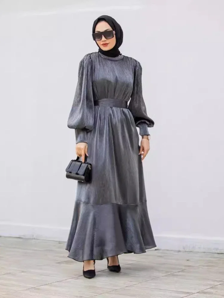 Eid Muslim Party Dress for Women Ramadan Lantern Sleeve Long Dress Belt Morocco Kaftan Vestidos Largos Dubai Robe Jalabiya 2024