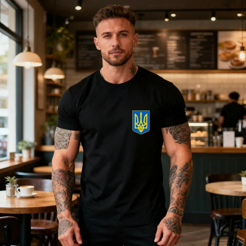 Men's Ukrainian Trident Logo Cotton Summer Short-Sleeve T-Shirt, Patriotic Gift, Ukrainian Symbol, Casual Top, Men's Clothing