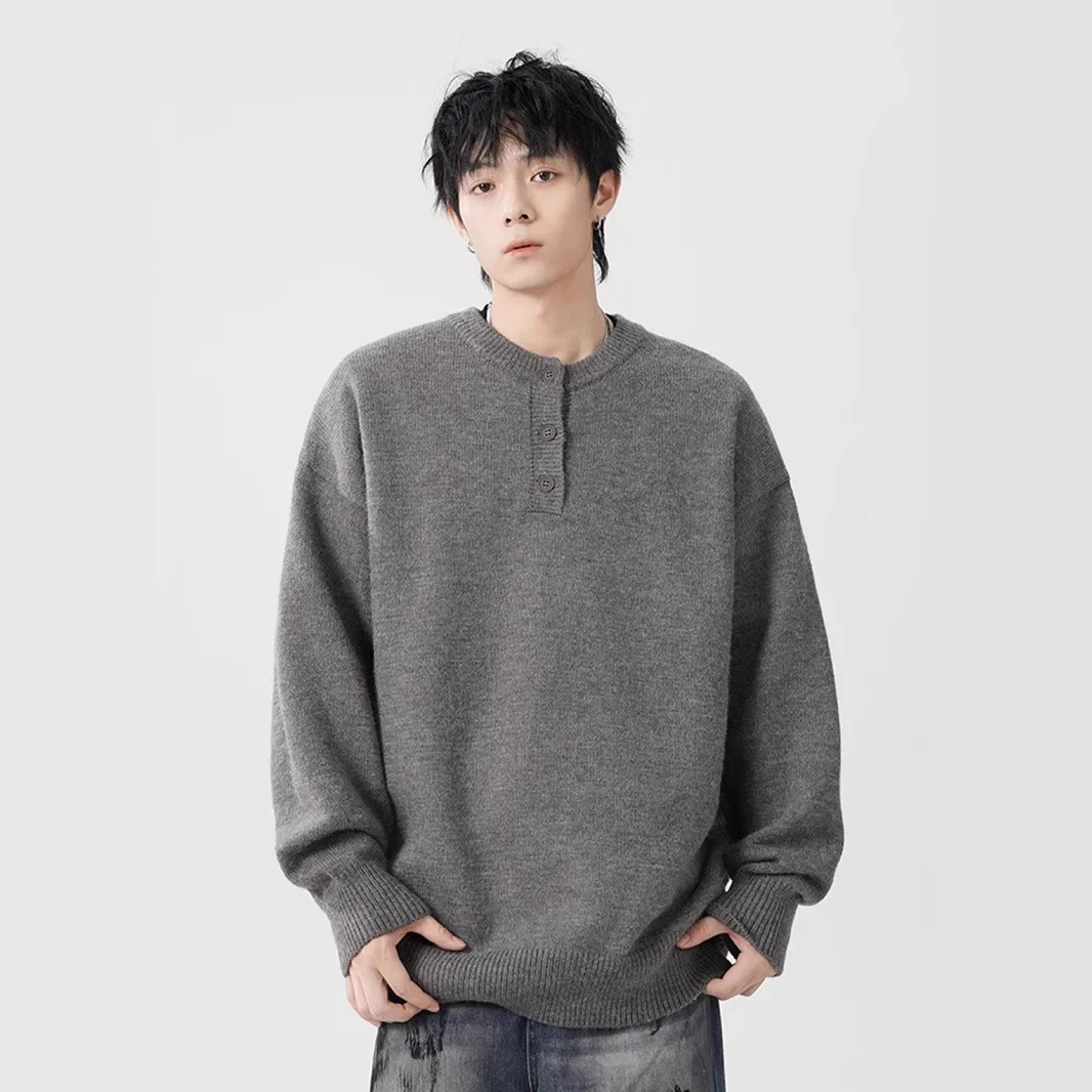 American style Henry collar sweater, men's autumn and winter trend, high-end sense, knitted sweater, loose and lazy style jacket