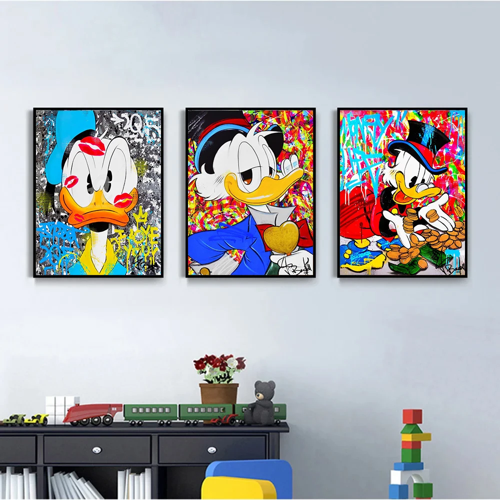 MINISO Graffiti Disney Anime Donald Duck Mickey Mouse Cartoon Poster Modernes klassisches Zuhause Wohnzimmer Dekor Leinwand Malerei Druck