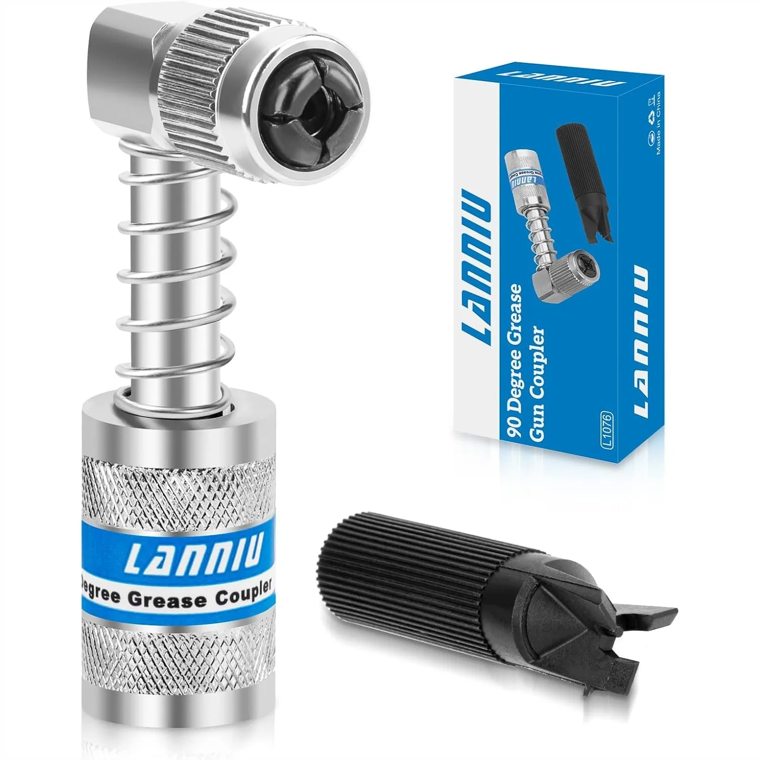 

90 Degree Grease Gun Coupler, Upgraded 4-Jaw Quick Release Lock for Tight Spaces, 10,000 PSI High Pressure Heavy Duty Right