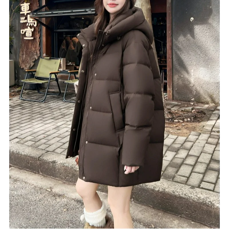女性フード付き防寒ダックダウンコート冬のファッションプラスサイズミッドレングス厚く暖かく保つ黄色通勤ストレート服