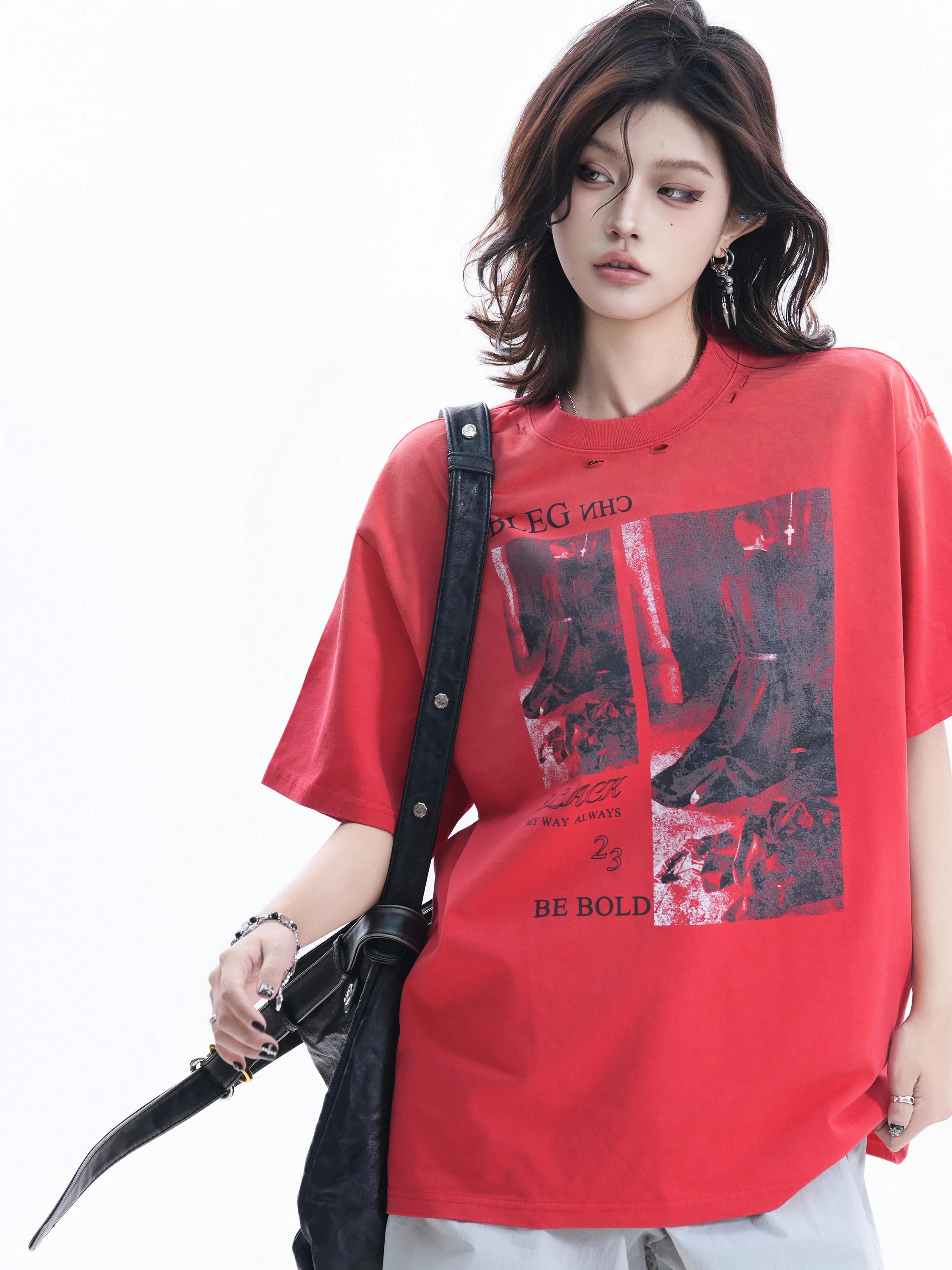 Retro American Hole Punching Print T-Shirt Women Summer Loose Vintage Short Sleeve Cotton round Neck Casual Style Top