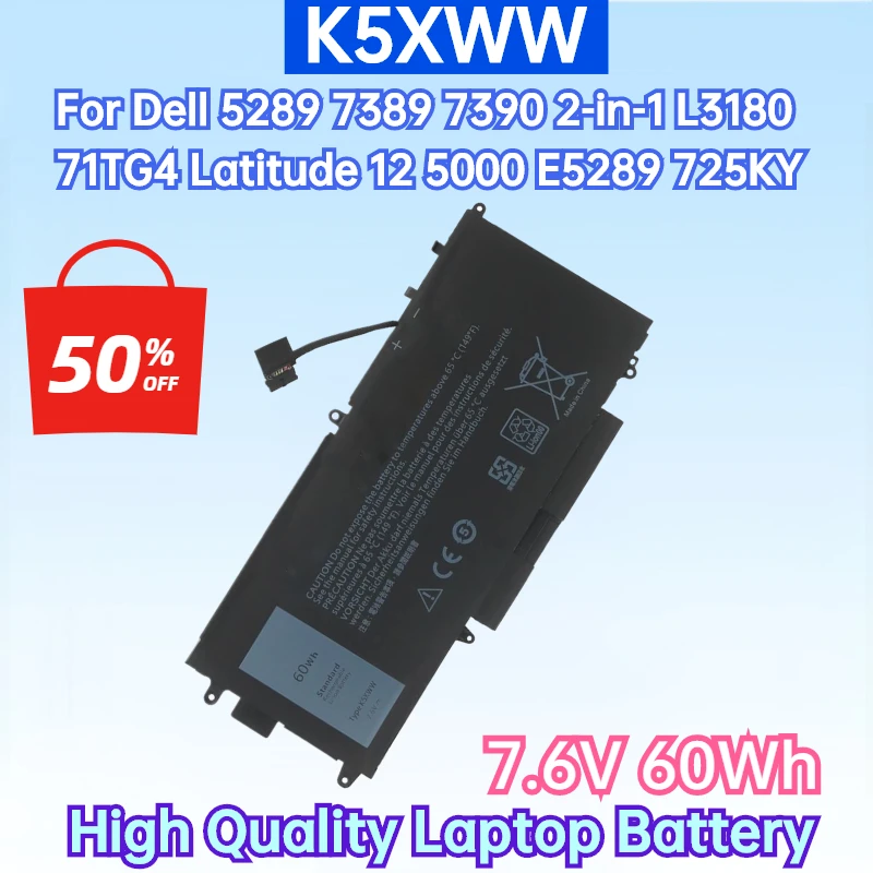 New K5XWW 7.6V 60Wh Laptop Battery for Dell 5289 7389 7390 2-in-1 L3180 71TG4 Latitude 12 5000 E5289 L3180 Series P29S001 725KY