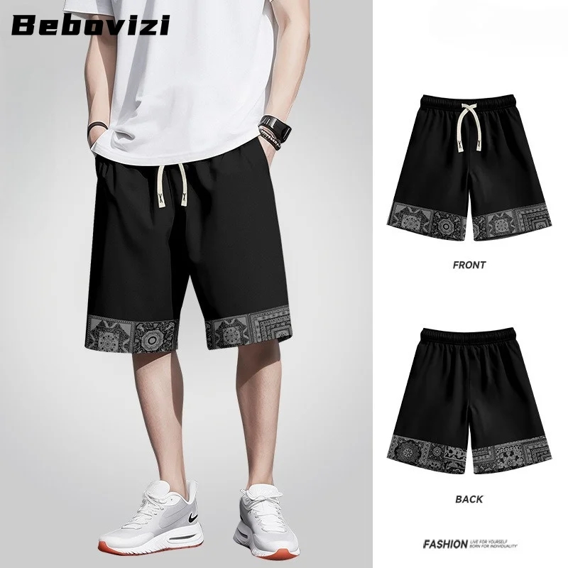 Streetwear Men's Summer Casual Shorts with Chinese Style Print, Loose Fit Beach & Sports Shorts