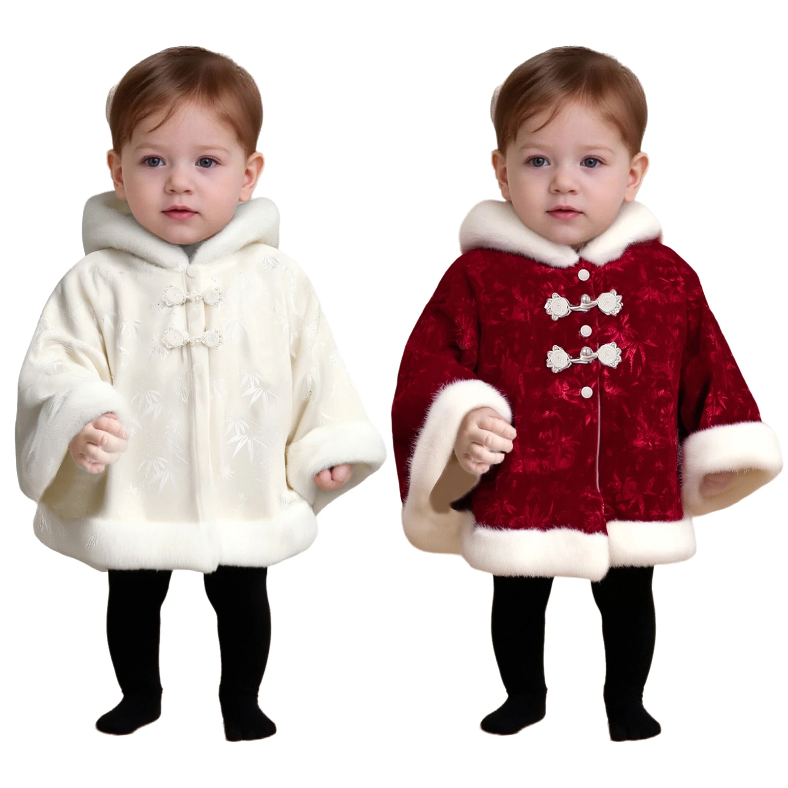 Baby Girls Winter Warm Velvet Hooded Cloak Bamboo Leaf Pattern Fleece-Lined Cape Coat Outerwear for Christmas Birthday Party