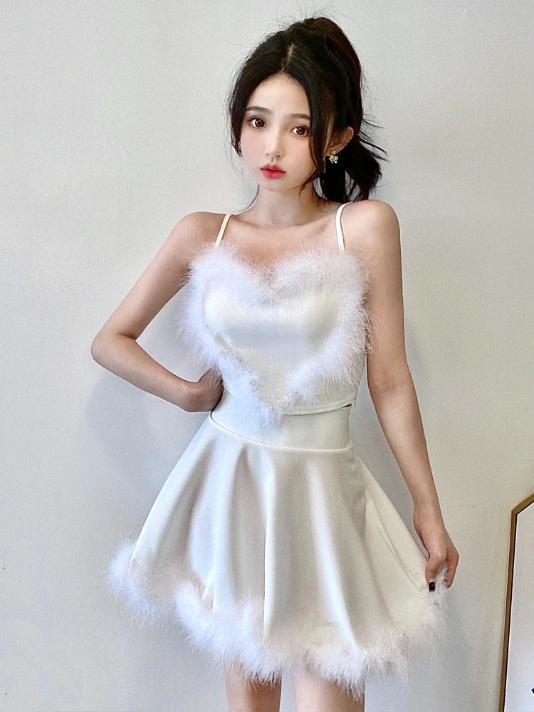 Cute Sexy Short A-Line  Skirt Set High Waist Heart Shaped Fluffy Edges Two Piece Women's Fashion Spring Polyester Slim Fit