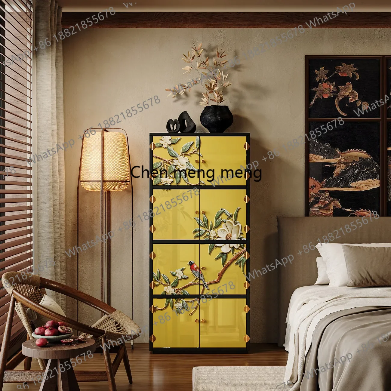 

Discount Classical bookcase storage cabinet medieval lacquer painted cabinet lacquer painting flower and bird solid wood chest c