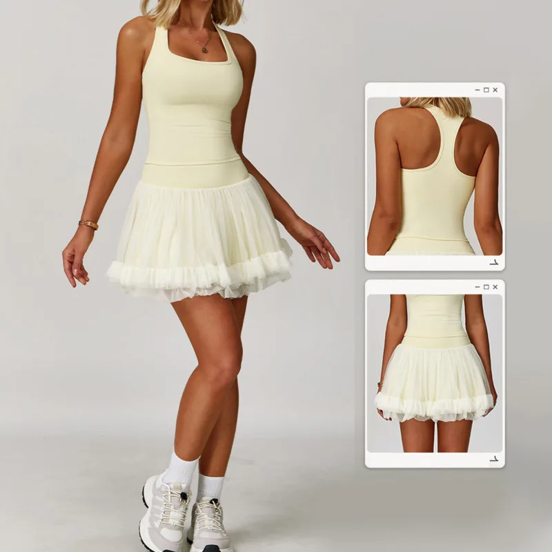 مجموعات اليوغا تجريب النساء رياضية 2 قطعة بدلات رياضية المحاصيل تانك عالية الخصر السراويل وتتسابق اللياقة البدنية تنورة التنس ملابس رياضية الزي #5