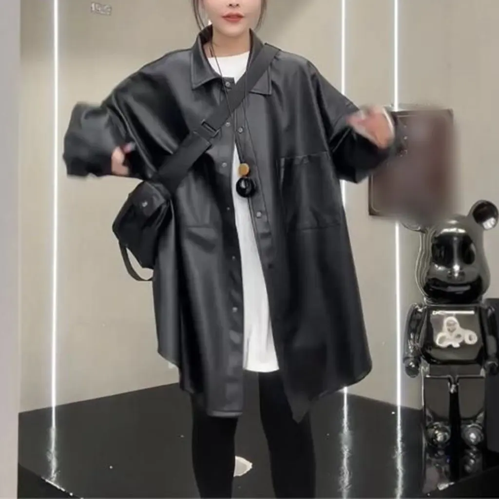 Women's Trendy High-End Casual Leather Shirt Jacket Black Loose Fit Korean Style Autumn New Fashion Easy to Match