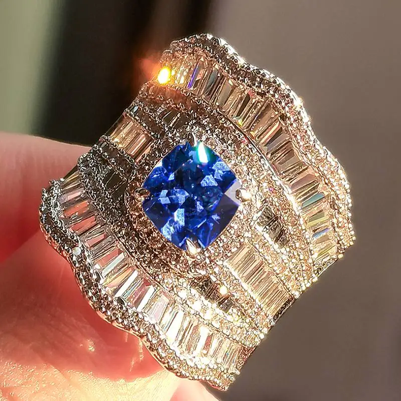 Huitan Luxus Silber Farbe Ring für Frauen Party Hochzeit Verlobung Elegante Accessoires Intarsien Weiß/Blau CZ Mode Chic Schmuck