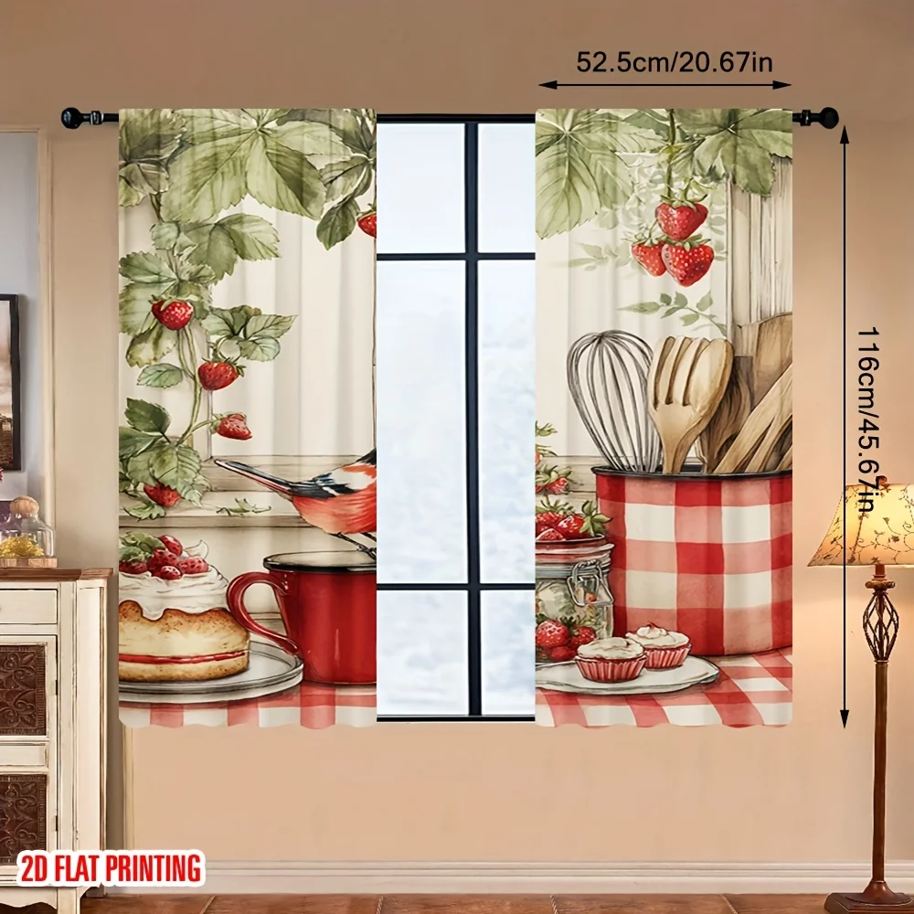2pcs Strawberry Kitchen Still Life Curtains Blackout Drapes for Dining Room Farmhouse Decor Vintage Baking Utensil Print Panels