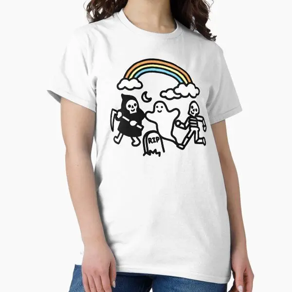 작은 유령 프린트 패턴이 있는 루즈하고 편안한 순면 반팔 티셔츠는 남성과 여성 모두에게 적합합니다.