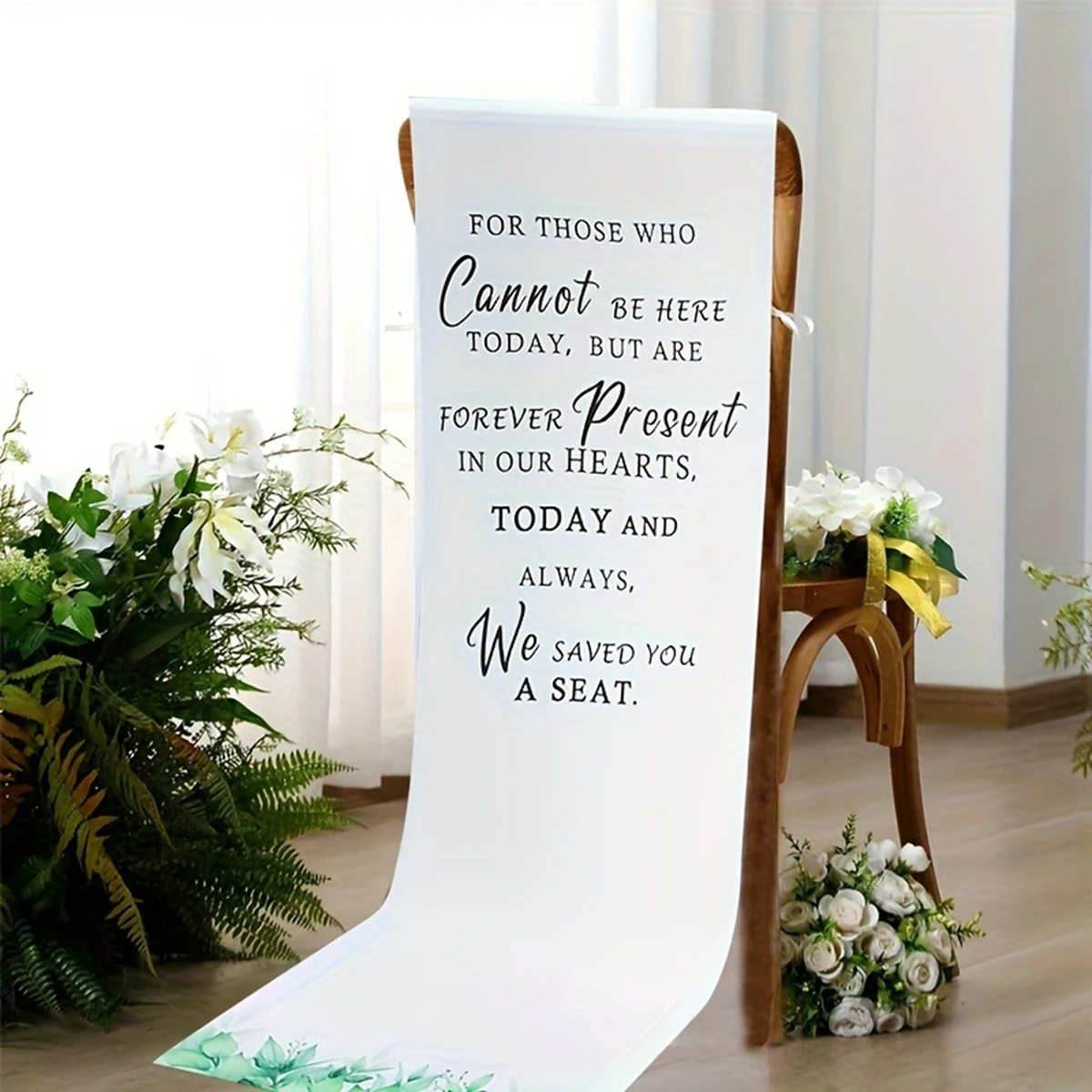 1 Stück Polyester Gedenk-Hochzeitsbanner Eukalyptus-Druck Stuhlschleife für Hochzeitszeremonie Gedenkstuhl-Dekoration – Detail 3
