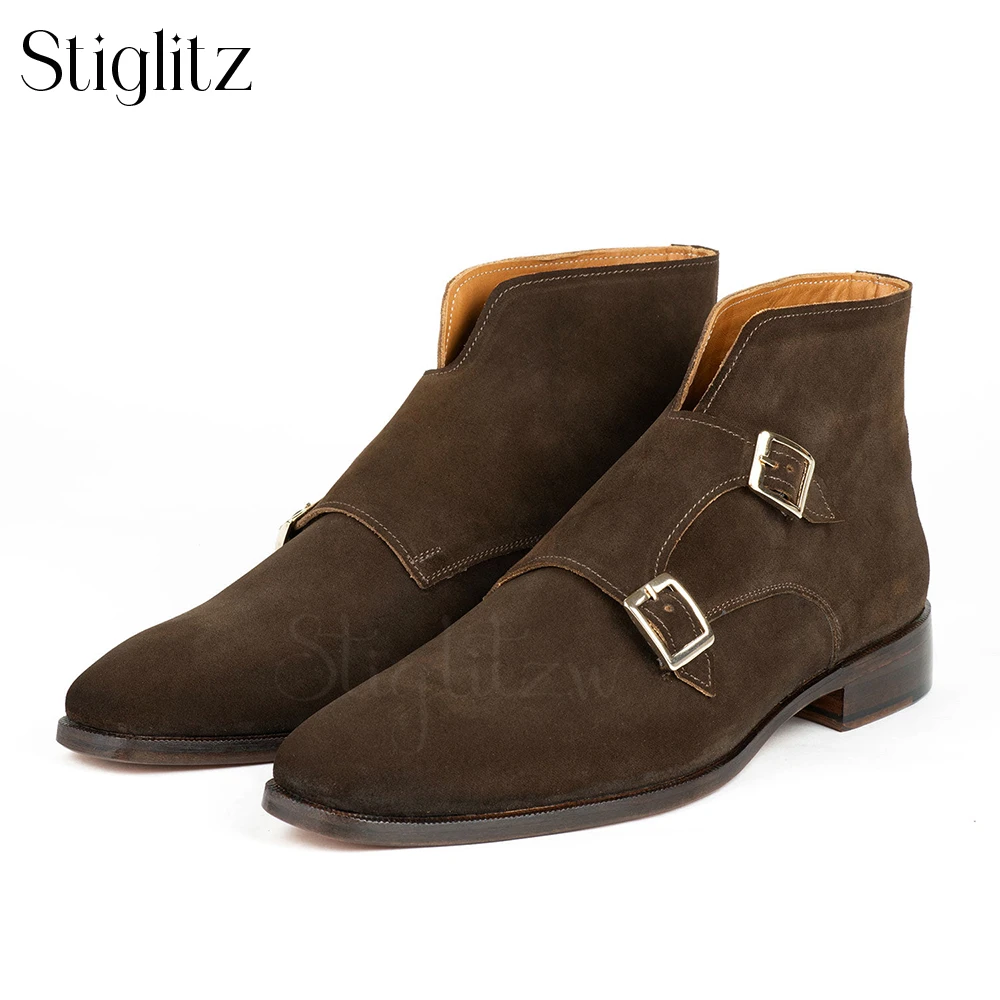 Double Monk Strap Ankle Boots Brown Suede British Style Booties Handmade Ankle Boots Customized Luxury High Quality Men's Shoes