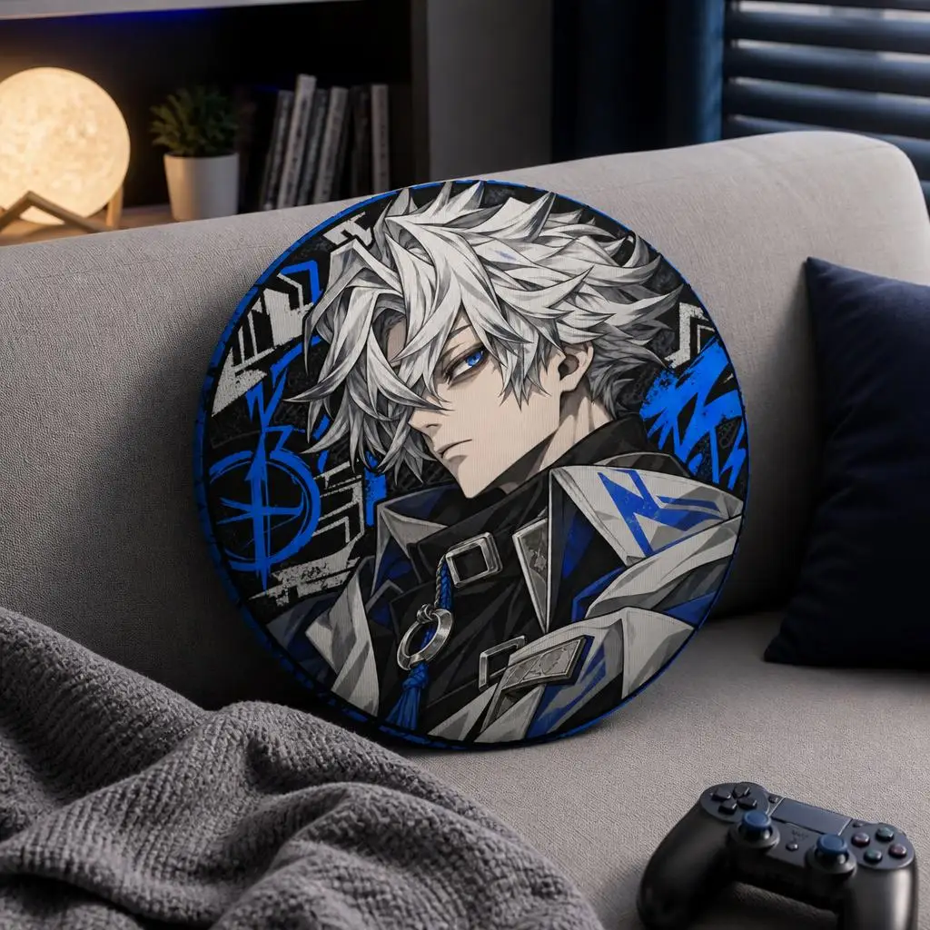 Gachiakuta Anime Character Round Throw Pillow Silver Haired Blue Rune Cushion for Sofa Chair Living Room Home Decor Gift