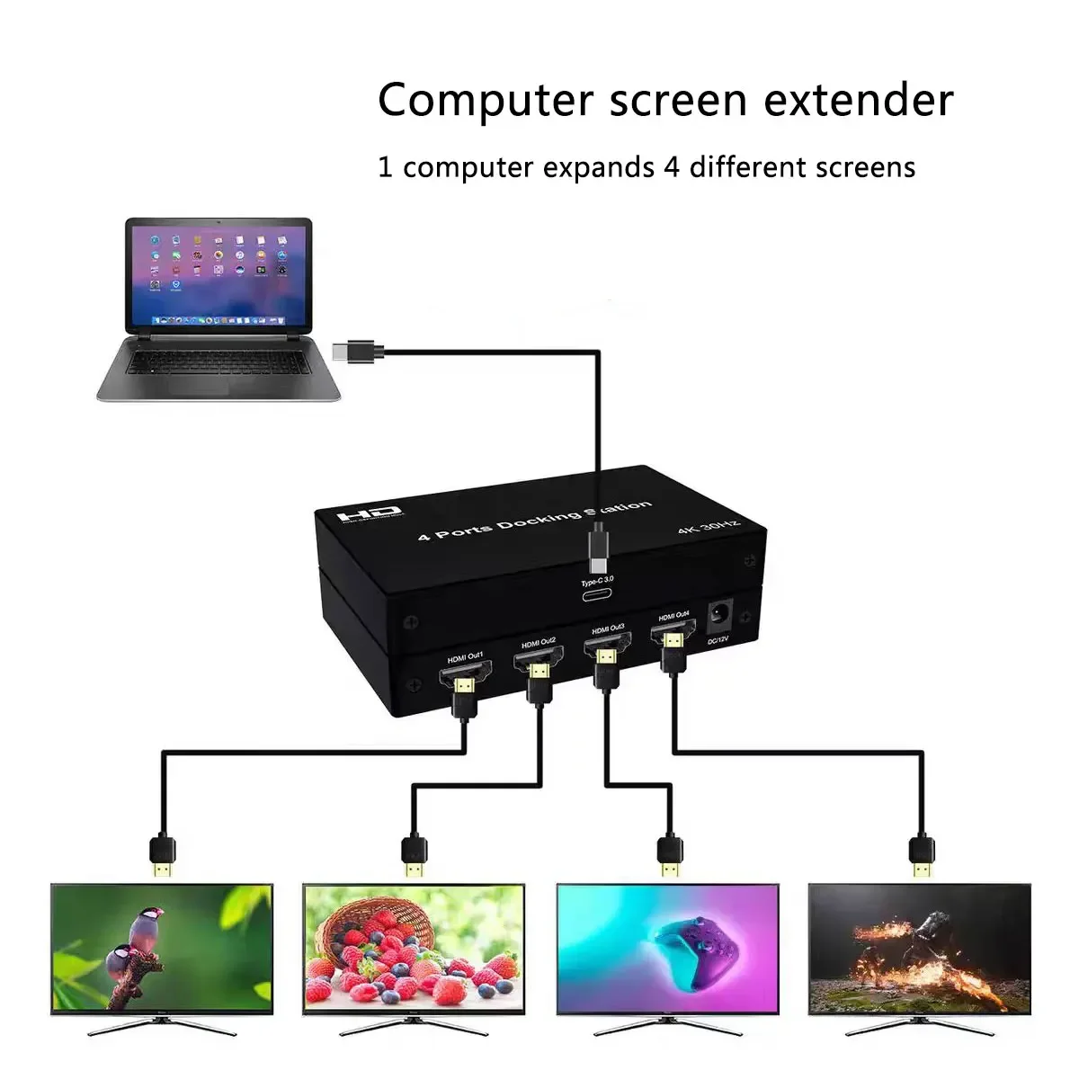 4K USB 3.0 To 4 Ports HDMI Splitter Computer Laptop PC Screen Extender Support Copy Mode Extend Mode Different Image Display