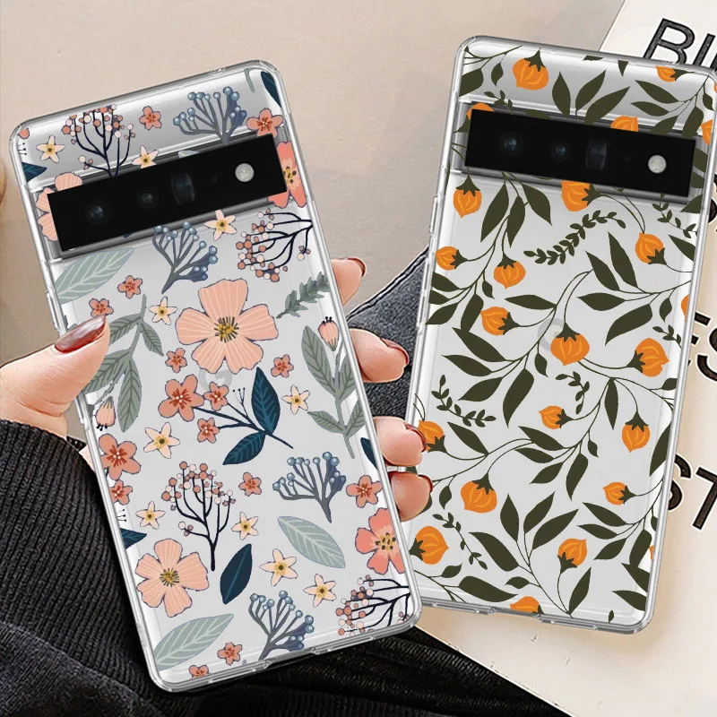 Luxury Flower Leaves Phone Case For Google Pixel 9 Pro XL 8 Pro 8A 8 7 6A 5G INS Korea Floral Transparent Soft TPU Cover Fundas