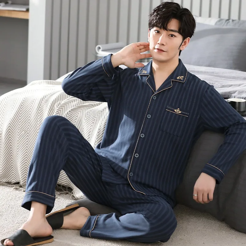 

Men's Pajamas Spring Autumn Cotton Long-Sleeved Large Size Male Casual Lapel Sleepwear Set Simple Fashion Homewear Suit 2024