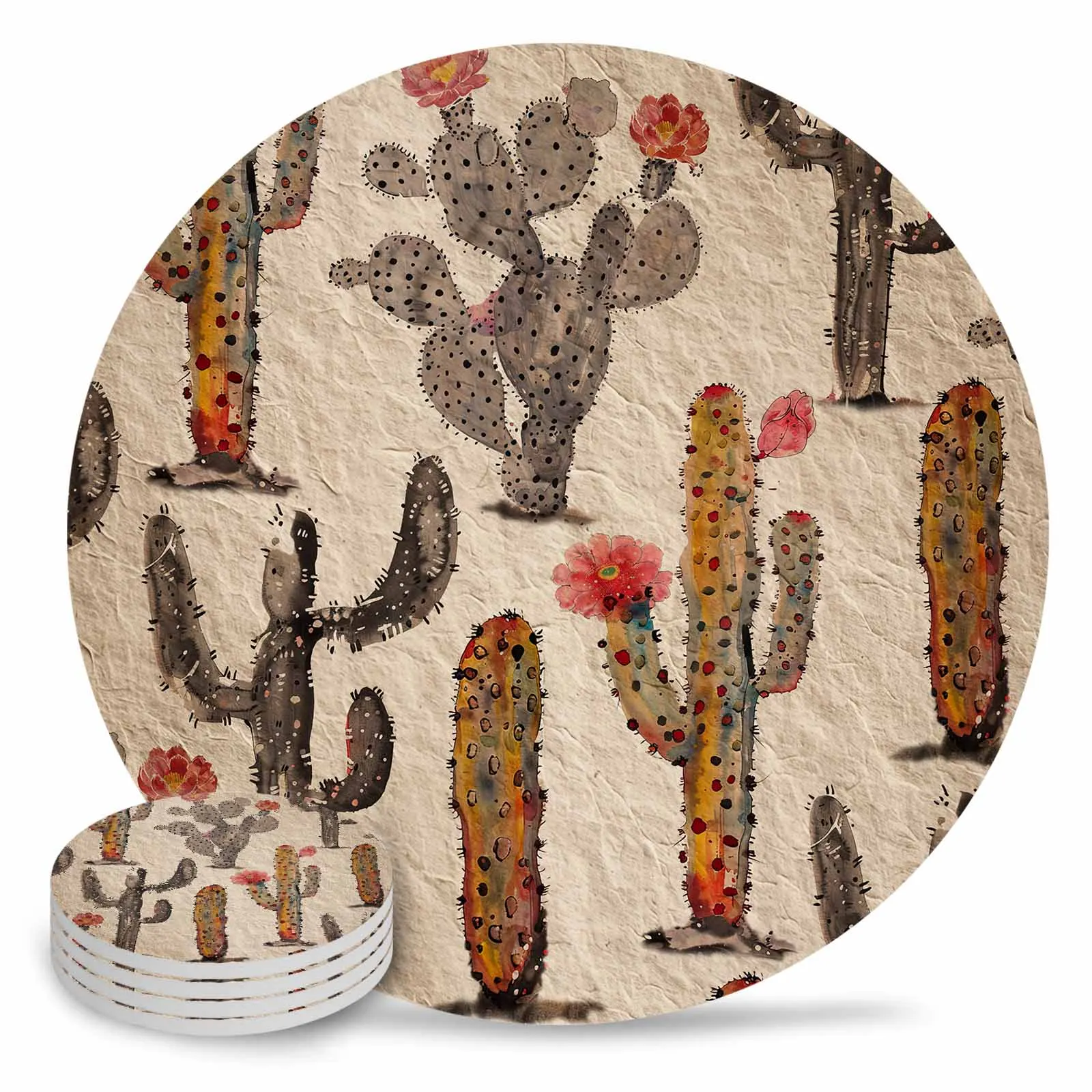 Cactus Flower Aging Round Coaster Coffee Table Mats Kitchen Accessories Absorbent Ceramic Coasters