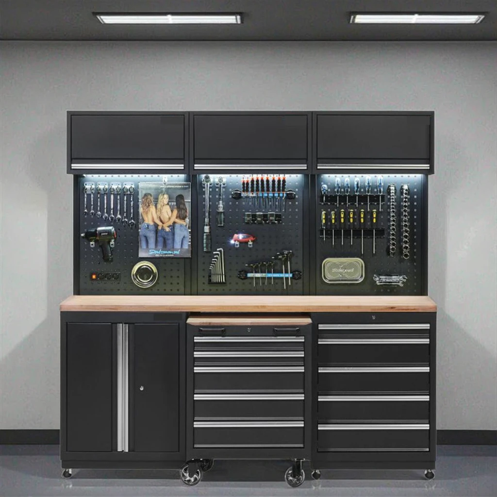 JZD Black Combination Tool Cabinet Garage Workbench Steel Wood Removable Storage 3 Drawers Adjustable