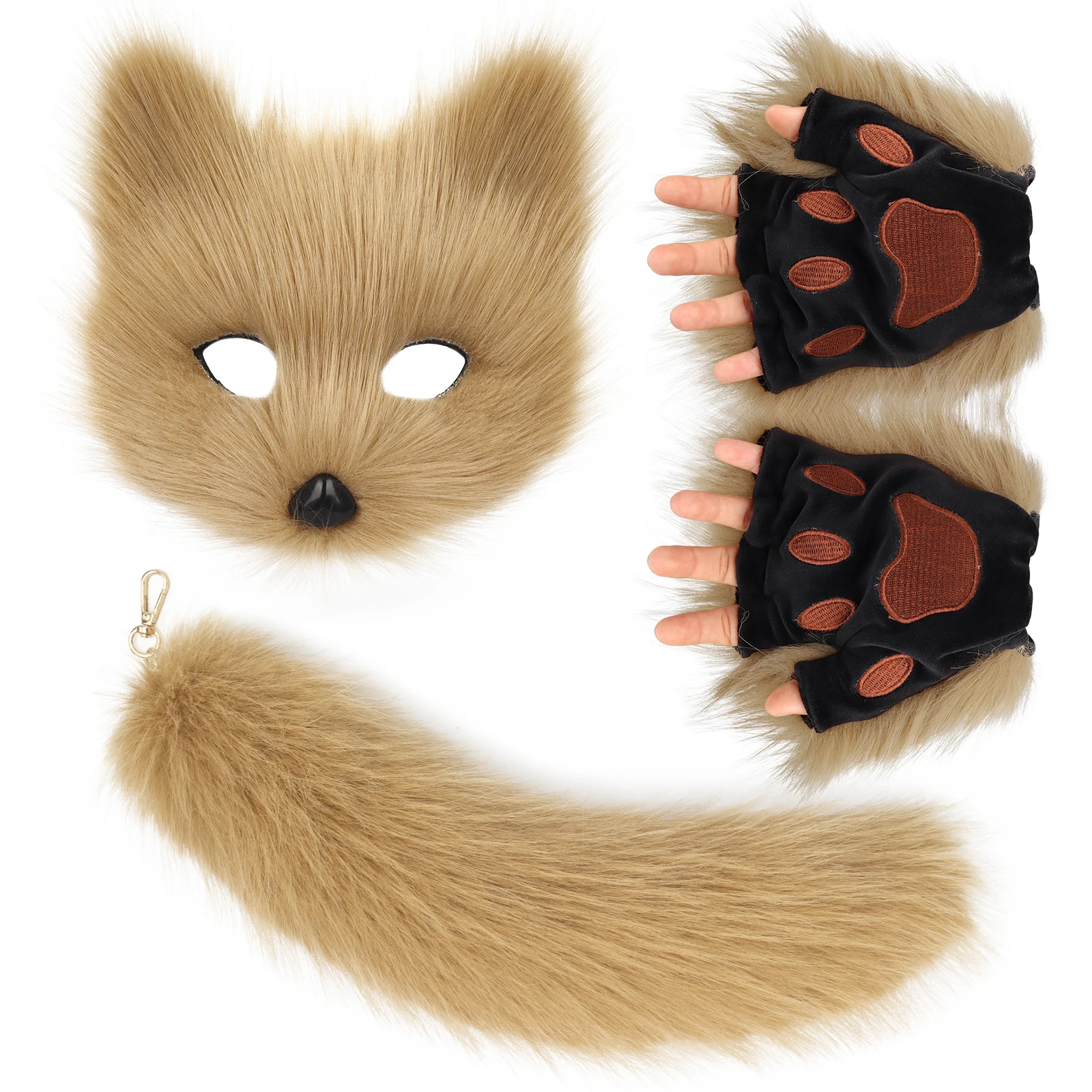 Flauschiges Fell Fuchsschwanz Schlüsselanhänger Katzenpfoten Handschuhe und Wolf Therian Maske Set für Halloween Cosplay Kostümzubehör – Detail 4