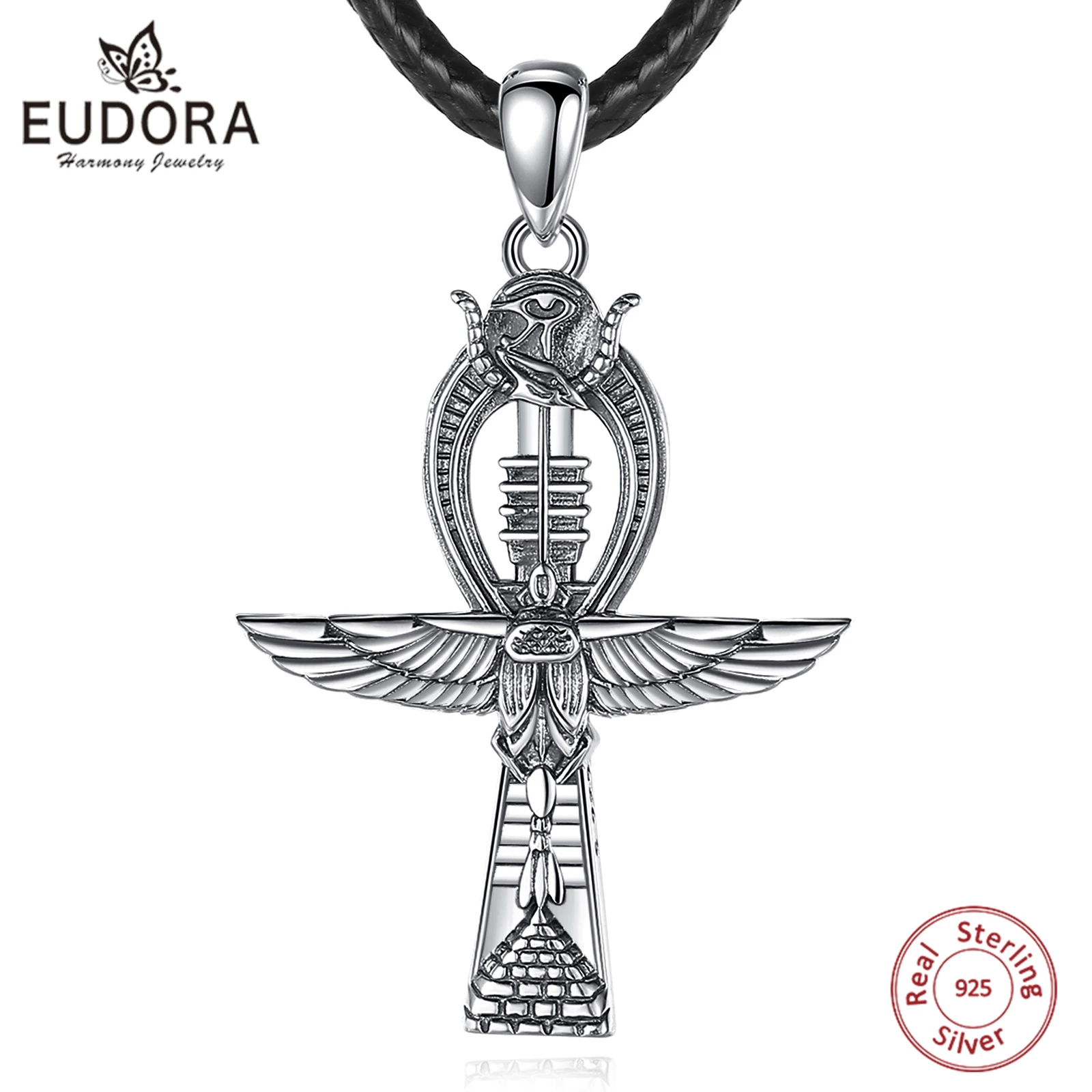 Eudora 925 Sterling Zilveren Ankh Kruis Ketting Voor Vrouwen Man Adelaar Oog Van Horus Amulet Hanger Egyptische Sieraden Mooi Cadeau