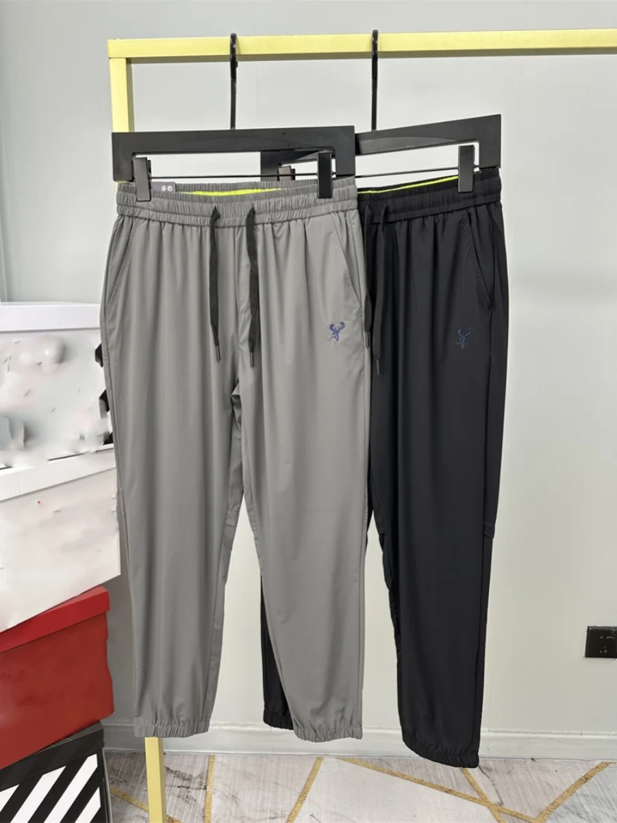 

Ice Silk Qui Dry Elastic Breathable Embroidered Lightweight Trousers Men Summer Sports Casual Pants Straight Leg Long Pants