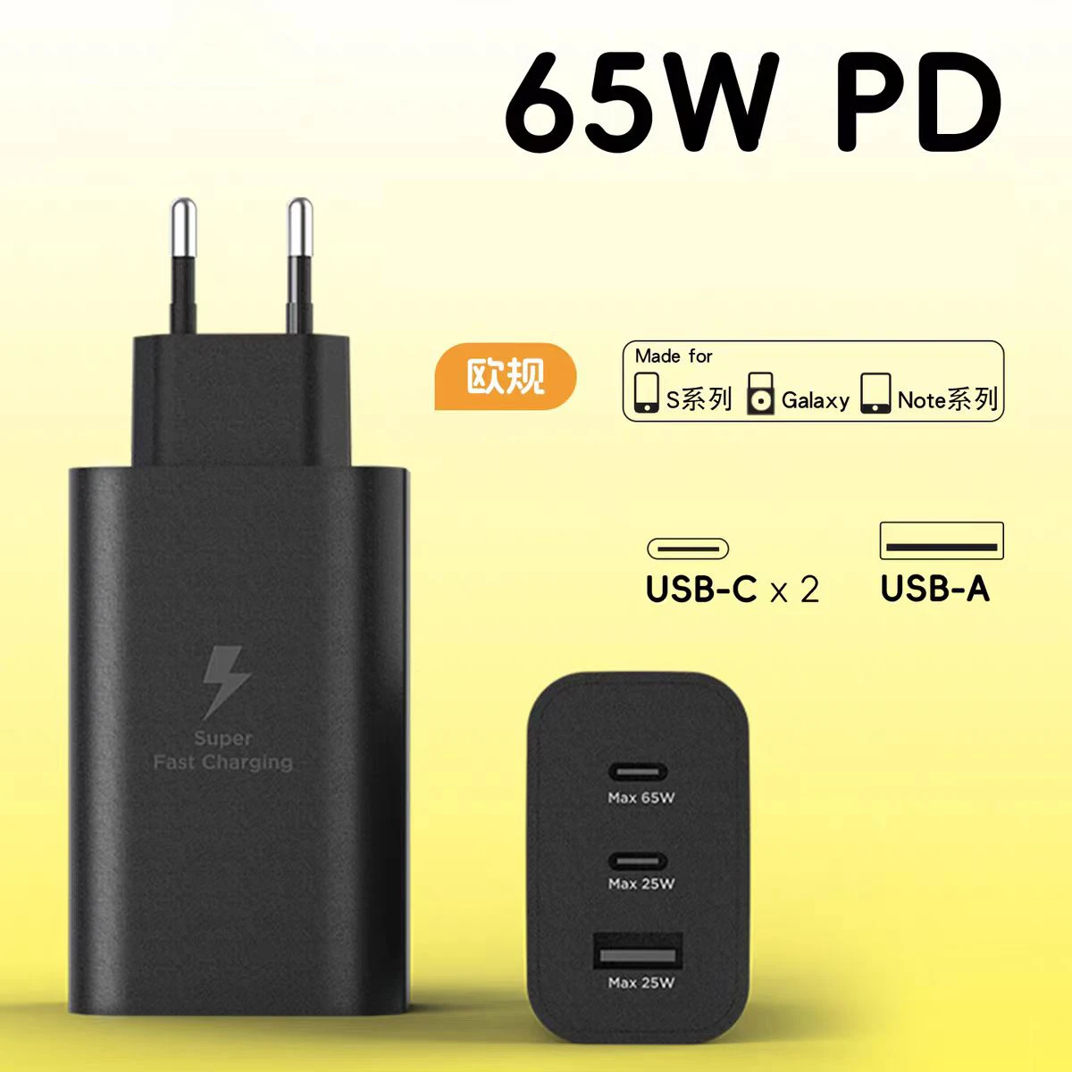 Samsung 65W PD Super Fast Trio Charger EU Power Adapter For Galaxy S25 S26 FE Plus Note20 Ultra A55 C55 1/1.8M Dual Type C Cable