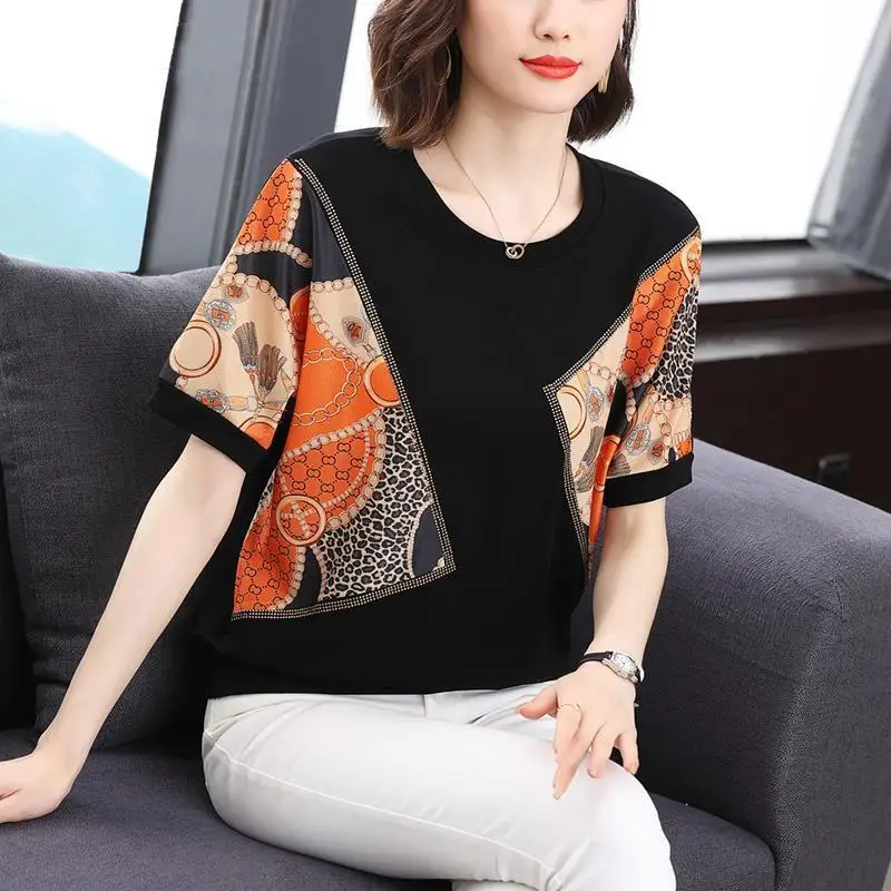 Fashion O-Neck Spliced Printed Diamonds Blouses Women\'s Clothing 2025 Spring Summer New Loose All-match Tops Office Lady Shirts
