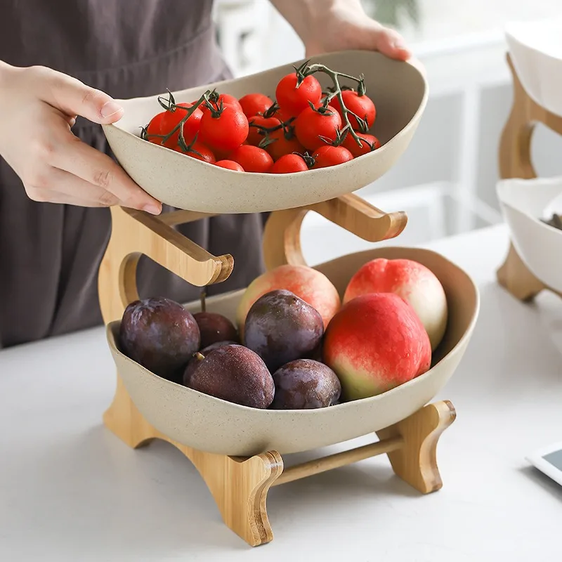 2/3 Layer Ceramics Fruit Plate Wooden stand Living Room Snack Dish Creative Dried Fruit Basket Candy Dish Cake Stand Salad Bowl