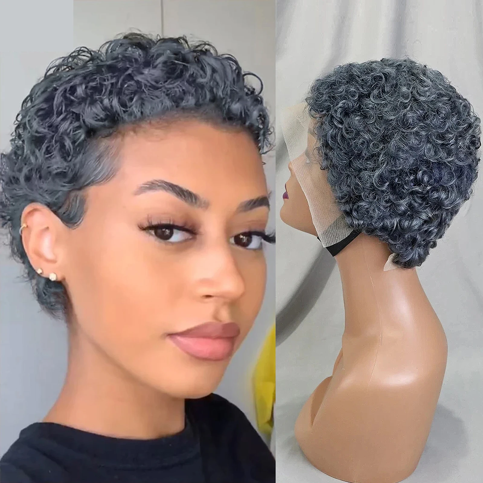 رمادي اللون عابث قطع مجعد موجة خصلات الشعر المستعار الإنسان 13x4 الدانتيل الشفاف الجبهة قصيرة الأفرو شعر بشري مجعد شعر مستعار للنساء السود