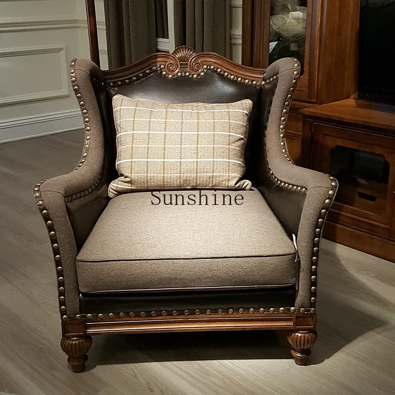 

American rural Nordic fabric leather single solid wood light luxury sofa high back chair