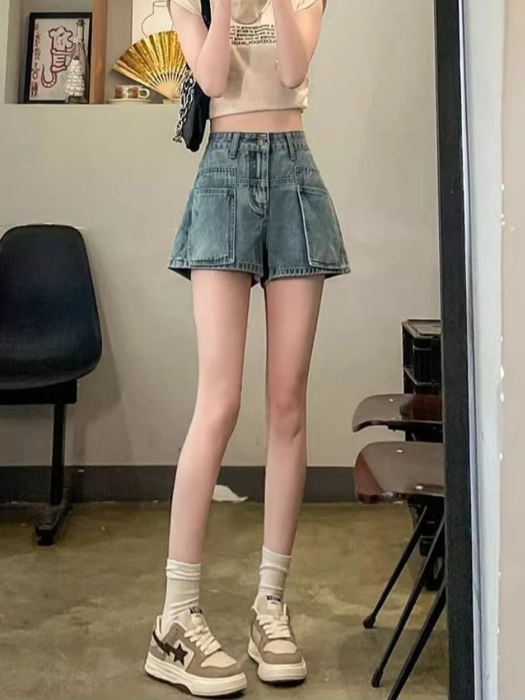 

Женские джинсовые шорты с высокой талией, А-силуэт, летние, из тонкой ткани, для фигуры типа «груша», утягивающие, в стиле карго, с широкими штанинами, длиной до колена