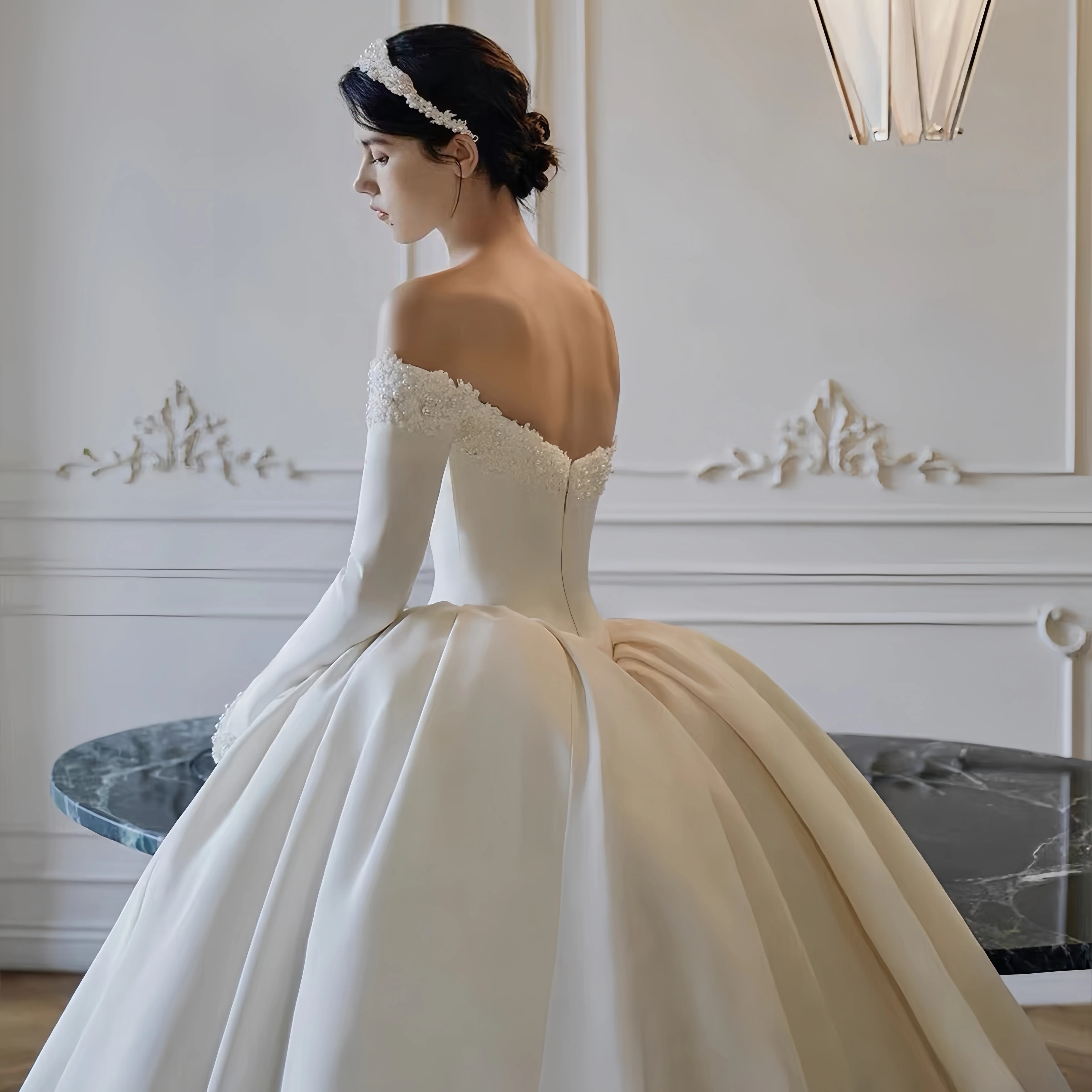 Customizable Exquisite Off Shoulder Sweetheart Illusion Lace Arm Covers Solid Satin A-Line Cathedral Floor Length Bridal Gown