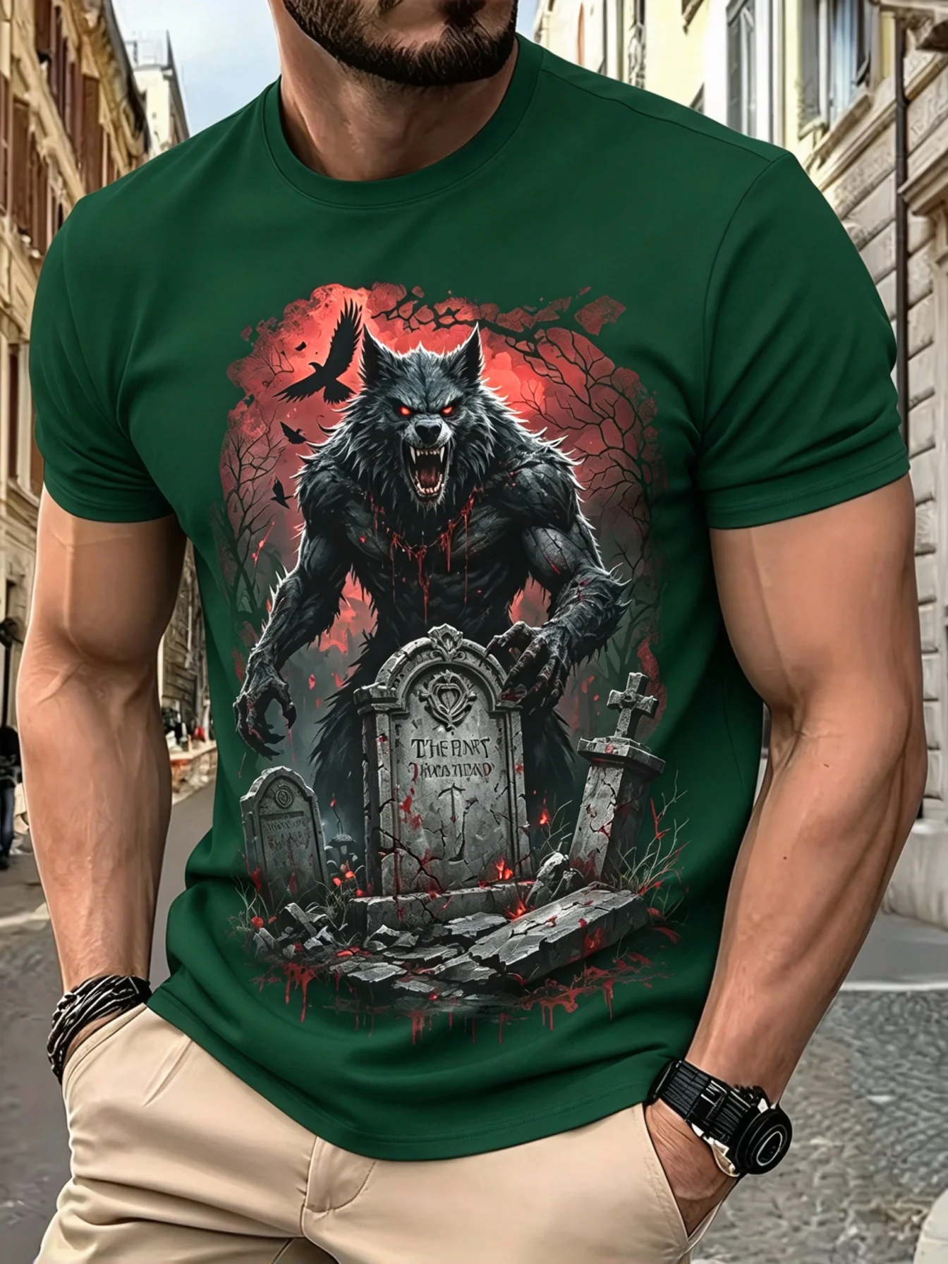 Men's Gothic T-shirt, Short-Sleeved T-shirt with a Scary Werewolf Graveyard Print, Halloween Casual Street Style Top