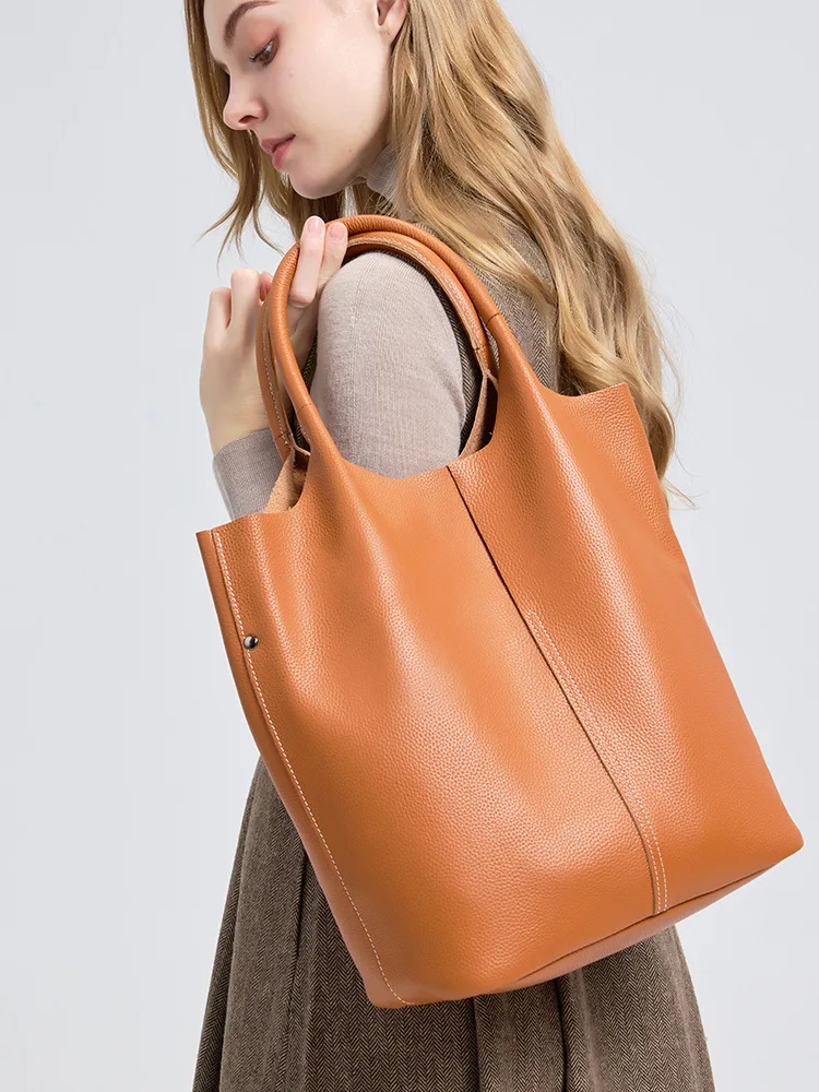

Genuine Leather Women's Bag New Commuting Large Capacity Cowhide Women Bag Simple Casual Women Versatile Lychee Grain Handbag