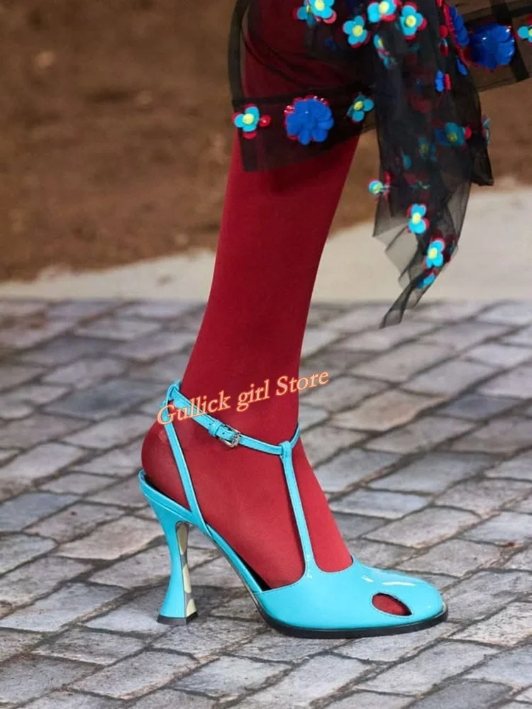 

T Strap Cut Out Pumps Thin High Heel Ankle Buckle Runway 2026 Summer Spring Women Dress Shoes Patent Leather Solid Yellow Silver