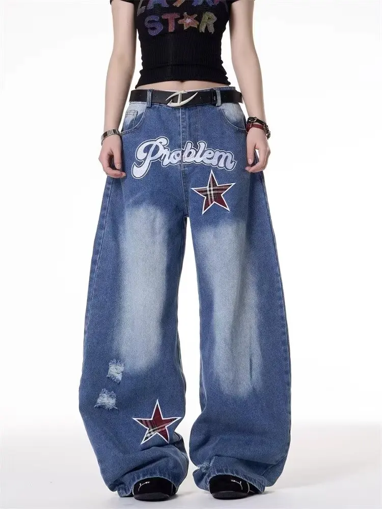 

Autumn Women's Harajuku Casual Style Jeans Vintage Gradient Loose Washed Pants Y2K Wide Leg Ripped Baggy Denim Trouser