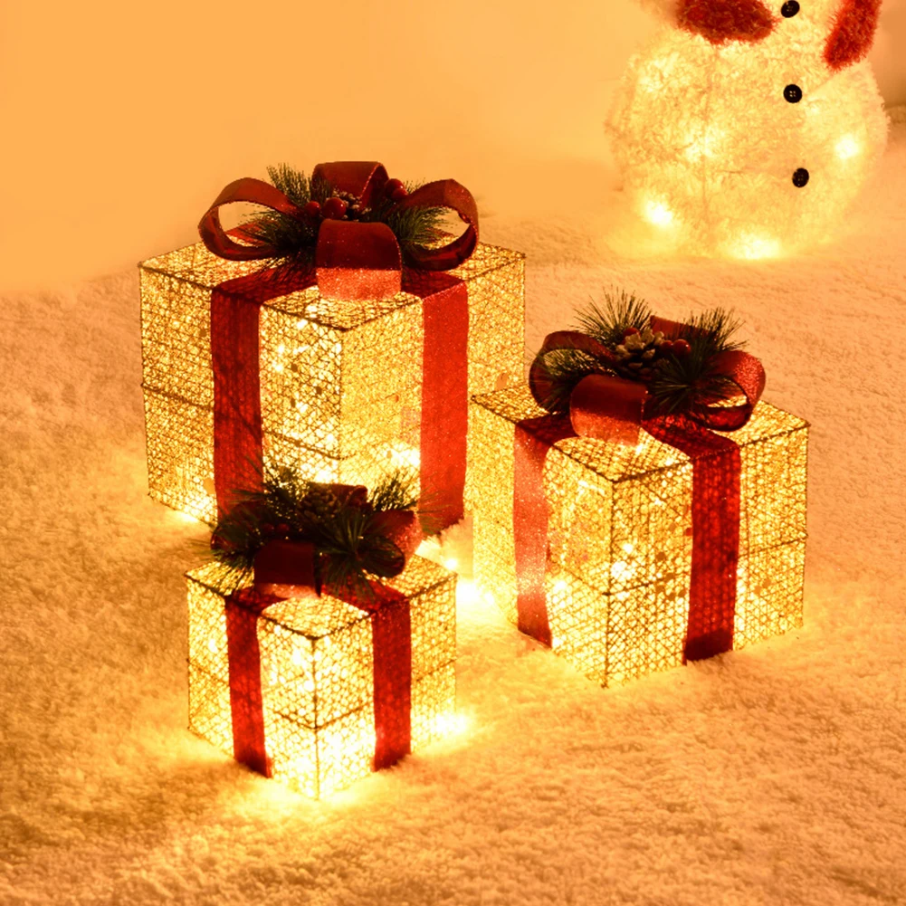 Lot de 3 boîtes lumineuses de Noël, 25/20/15cm, pour sapin de Noël, cour, décoration d'intérieur, fête de vacances