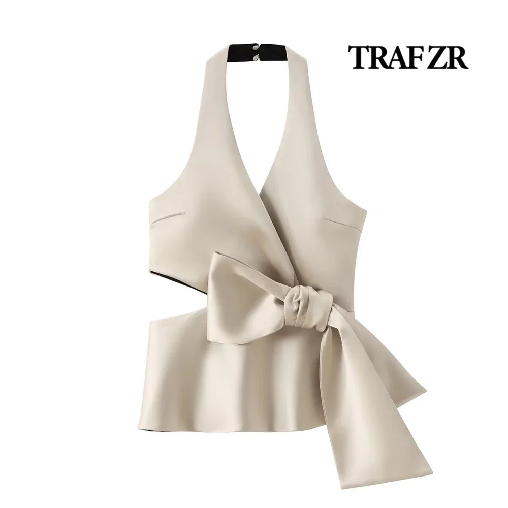 

TRAF ZR Luxury Satin Backless Tank Top Halter NECK Tops Waist Bow Back Open Tanks & Camis Y2k Crop Top Women Side in-seam Zip