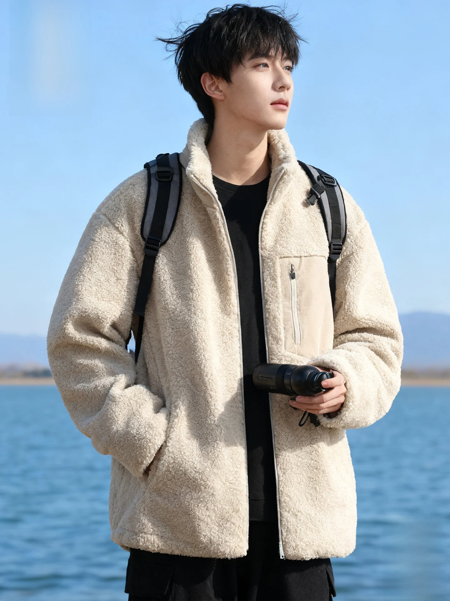 

Thiened Autumn Winter Plu Jaet Men's Stand Collar Zipper Closure Long Sve Casual Coat Warm Sli