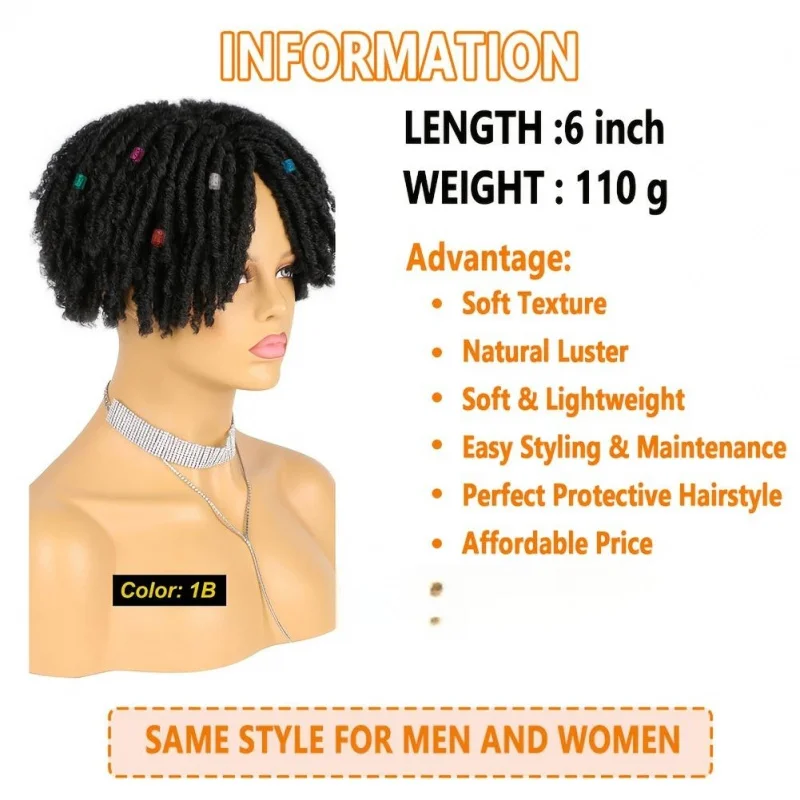 Short synthetic dreadlock toppers, afro curly style with 3 clips. Unisex, perfect for thinning hair.