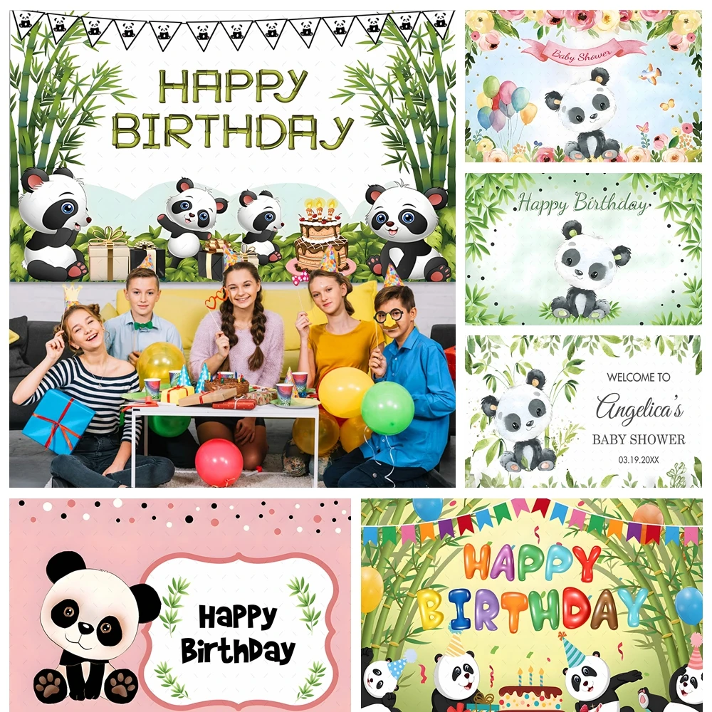 

Cartoon Cute Panda Bamboo Flower Cake Banner Background Custom Baby Childs Shower Birthday Party Room Photography Decor Backdrop