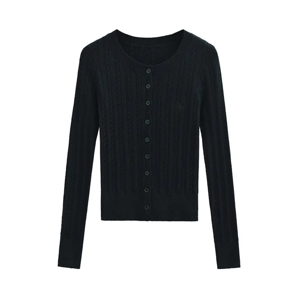 

Women's Preppy Style Knitted Cardigan Long-Sleeved Twist round Neck Single-Breasted Sweater Coat Autumn Winter Bottoming