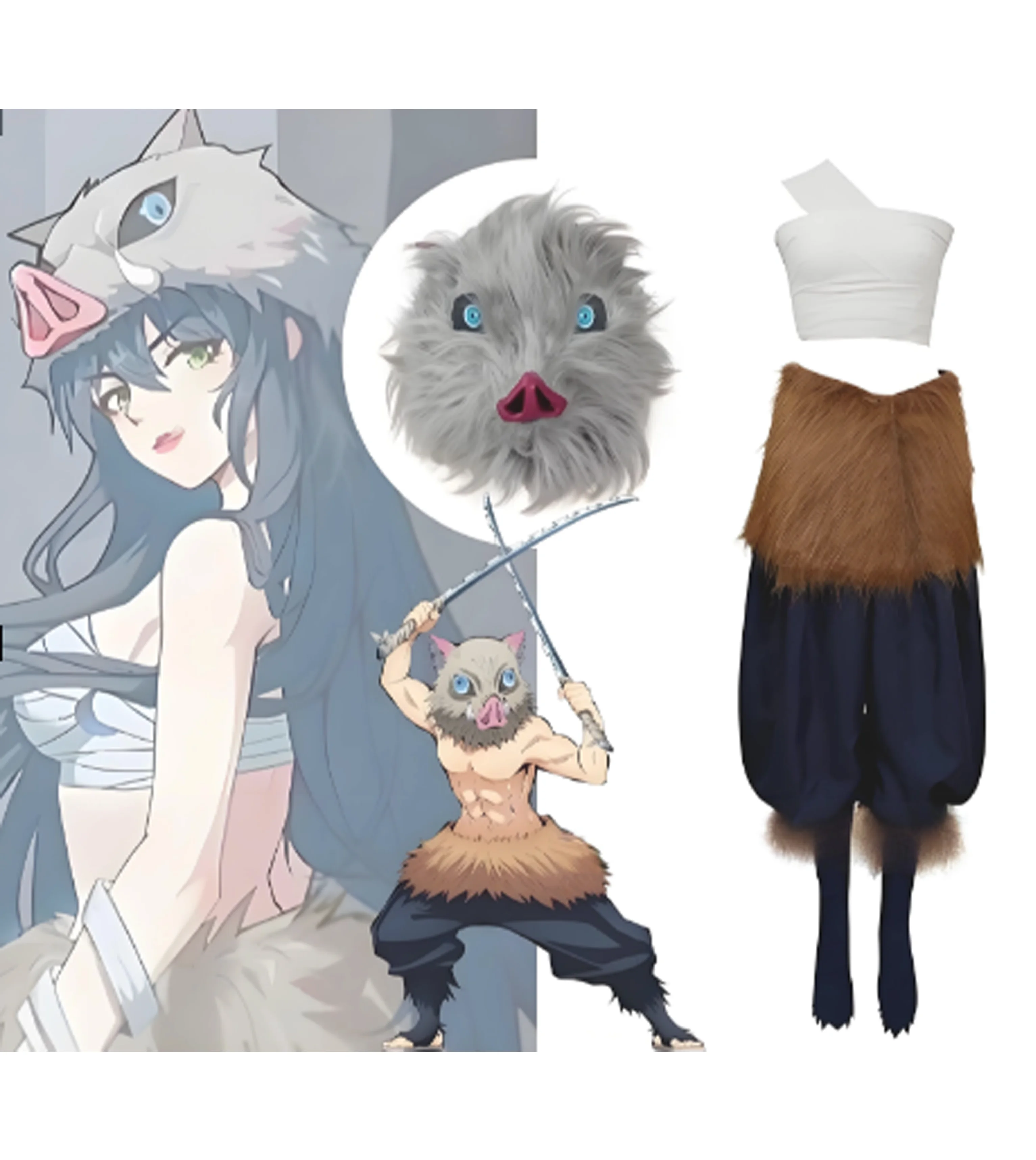 Women Halloween Costume Hashibira Inosuke Cosplay Outfit, Full Set with Boar Head Mask, Bandage Pants and Wig view 2